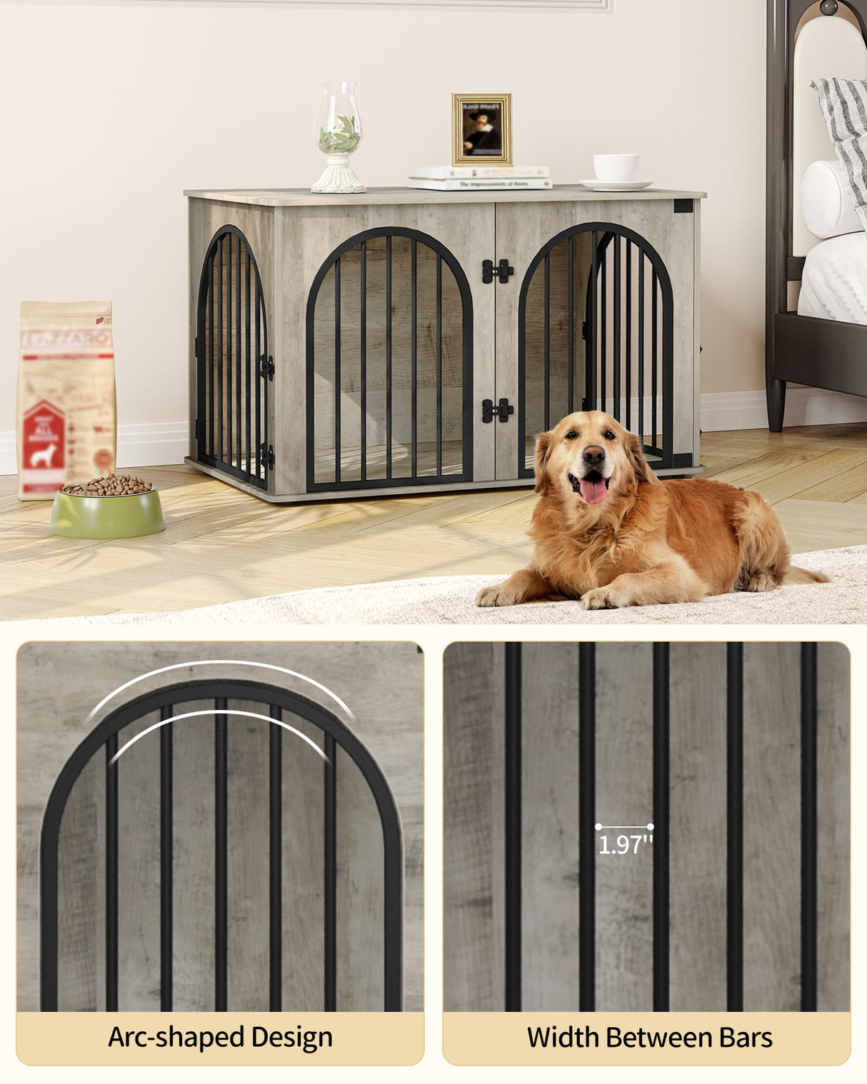 Hzuaneri 39.4'' Dog Crate Furniture, Dog Kennel Indoor Arched Door Design, Wooden Dog Crate Furniture for Small/Medium/Large Dog, Side Table, TV Stand, Anti-Chew, Anti-Escape, Greige Black Hzuaneri