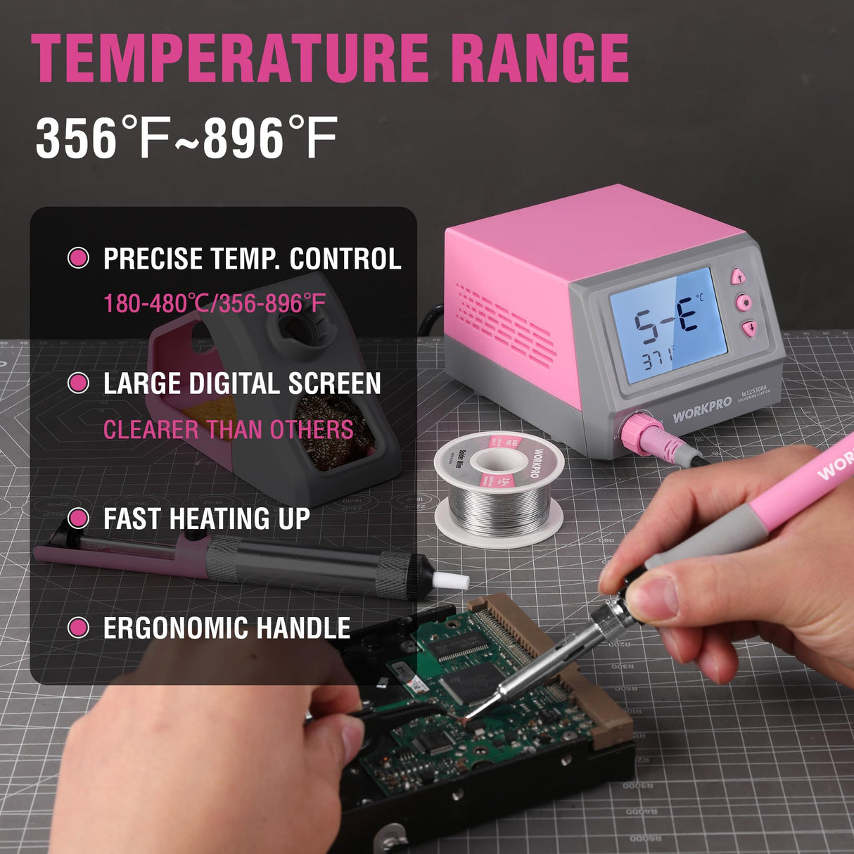 WORKPRO Soldering Station, 60W Soldering Iron Kit Digital Display, 5 Extra Iron Tips, Precision Temperature Control Solder Station for Electronic Repair, DIY Enthusiasts - Pink Ribbon WORKPRO