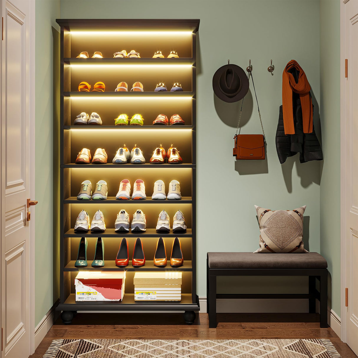 Tribesigns Narrow Tall Shoe Cabinet with LED Lighting, 9-Tier 30 Pairs Freestanding Shoes Storage Cabinet, Wood Shoe Organizer Cabinet with Solid Wooden Legs for Entryway (1, Black) Tribesigns