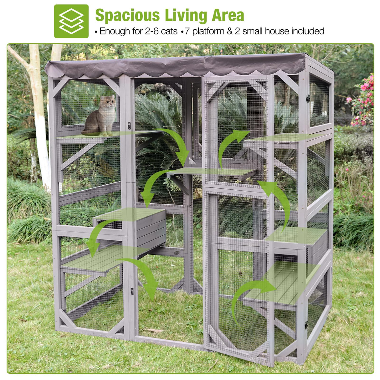 GUTINNEEN Catio Outdoor Cat Enclosure Large Walk in Window Cat House for Mulitiple Cats with 7 Platforms and 2 Resting Box,Tarp Roof,71 inch GUTINNEEN