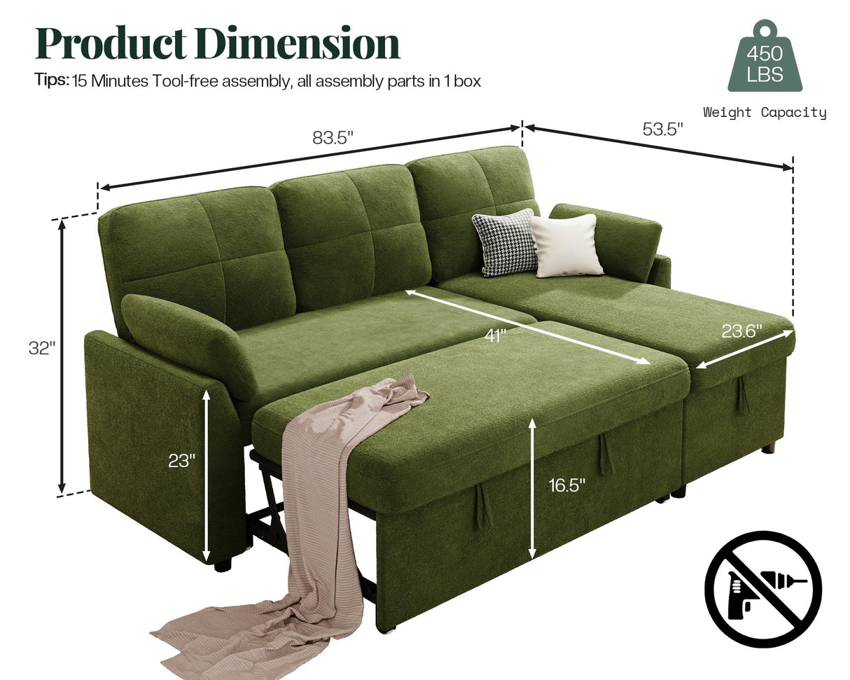 Jocisland Sofa Bed, Sleeper Sofa with Storage Chaise, Convertible Sofa Bed with Pull Out Couch, l Shaped Couch for Living Room, Linen Green Jocisland