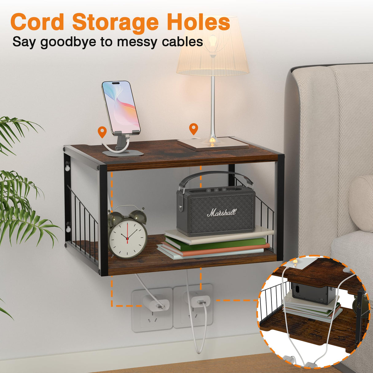 Alytree Floating Nightstand, Wood Floating Bedside Table with Cable Hole, Wall Mounted Nightstand for Bedroom, Living Room, Bathroom, Kitchen (Rustic Brown) Alytree