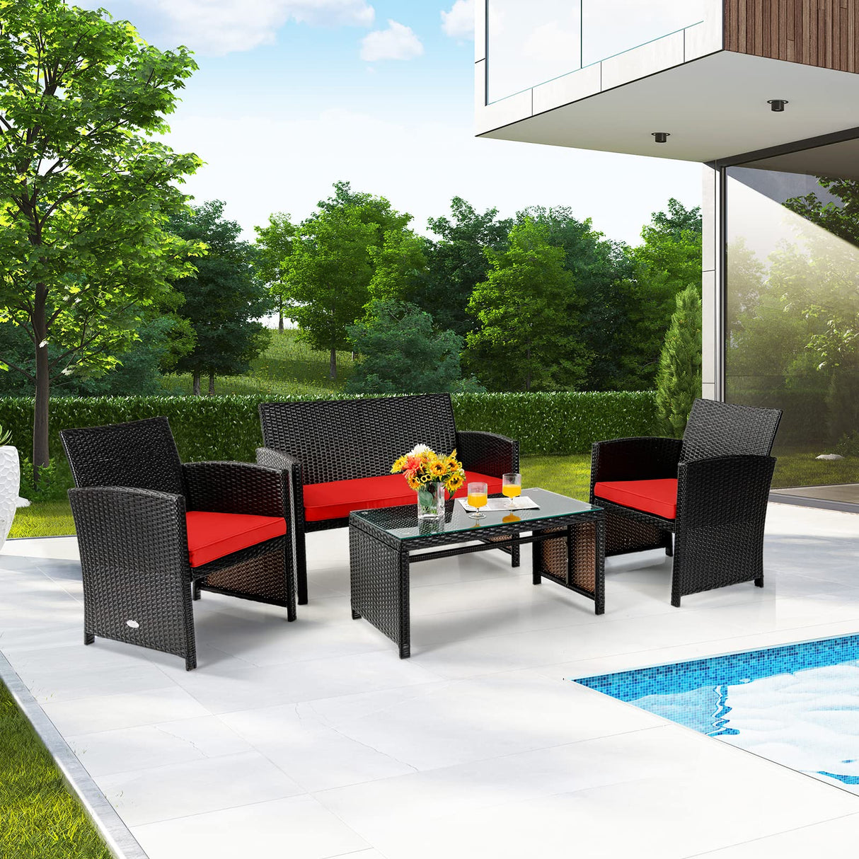 COSTWAY 4 Piece Patio Furniture Set, Outdoor PE Rattan Wicker Sectional Sofa with Cushion and Coffee Table, Patio Conversation Sets for Balcony Lawn Porch Patio Backyard Garden Poolside, Red COSTWAY