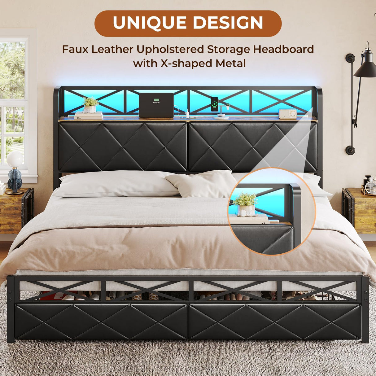 DICTAC King Size Bed Frame with Storage Headboard, LED Lights, and 2 Drawers – No Box Spring Needed, Black DICTAC