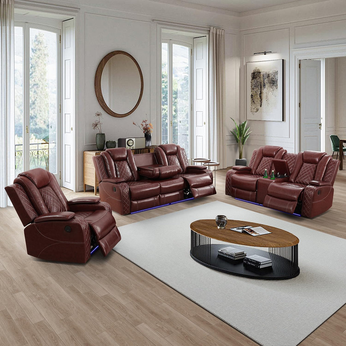SIENWIEY Power Recliner Sofa Set with LED Lights, Leather Reclining Sofa Set for Living Room, Leather Couch Set with USB Charging๏ผBurgundy๏ผSofa+Loveseat+Chair 3 Pieces SIENWIEY
