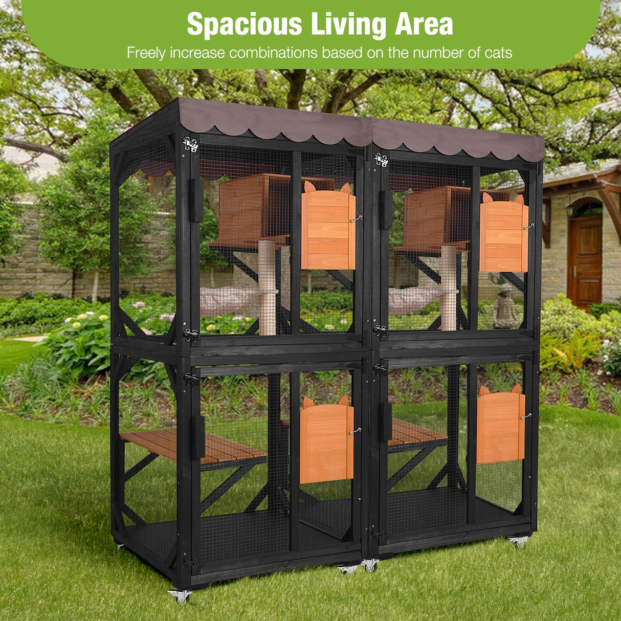 GUTINNEEN Catio Outdoor Cat Enclosure on Wheels - Outside Kitty House with Upgraded Resting Box, PVC Layer, and Waterproof Roof - 71.9" Black GUTINNEEN