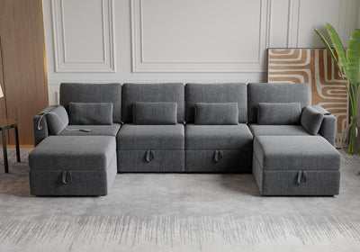 Modular Sectional Sofa with Storage, U Shaped Sectional Sofa with Chaise & Ottomans, Convertible 6 Seat Couch for Living Room with High Supportive Waist Pillow and Cup Holder