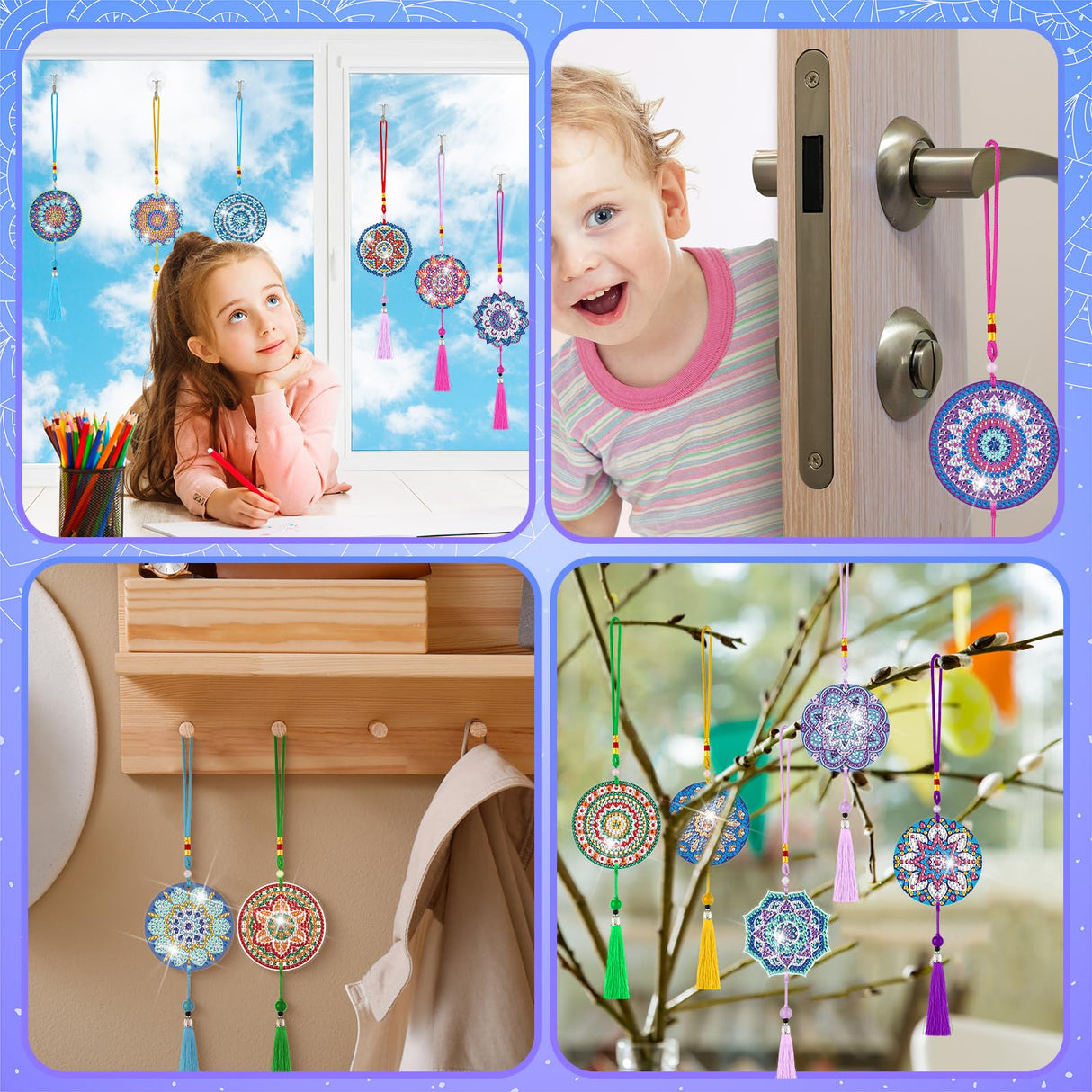 Saillong 16 Pcs Diamond Art Car Ornaments Mandala Diamond Painting Kit Ornament for Car Hanging Suncatchers Charm for Rear View Mirror Double Sided Painting Crystal Gem Garden Decoration Paint DIY Kit Saillong