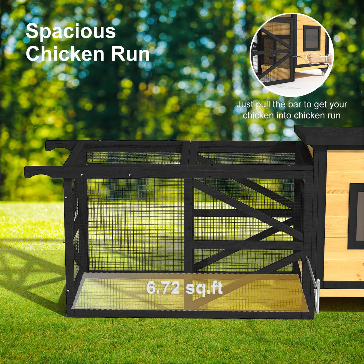 TIMHAKA 71'' Chicken Coop with Wheels, Outside Chicken House for 2-3 Chickens, Outdoor Wooden Mobile Duck Coops with Run & Waterproof Asphalt Roof, Removable Tray for Backyard Poultry Pet Hutch TIMHAKA