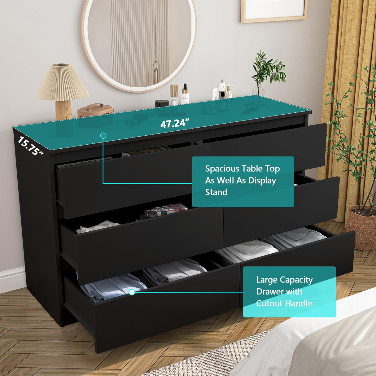 Vibe & Dine 6 Drawer Double Dresser, Modern Chest of Drawers with Wide Storage for Closet, Bedroom, Living Room, Black Vibe & Dine