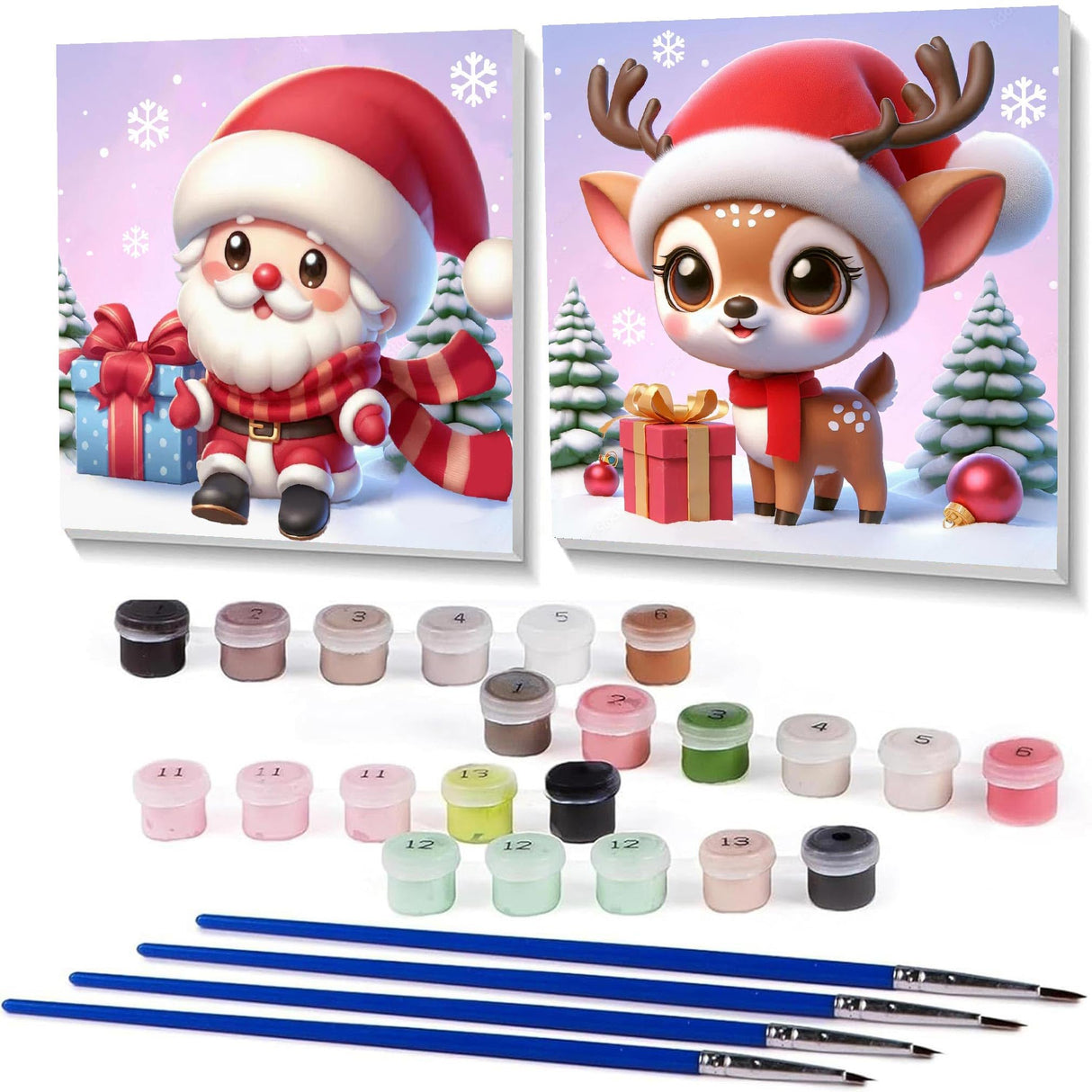 2 Pack Christmas Paint by Numbers for Kids with framed, DIY Cute Cartoon Christmas Kids Paint by Number Kits on Canvas, Arcrylic Easy Paint by Number for Kid and Adults Home Wall Decor 7.8x7.8Inch Amzdiyfun