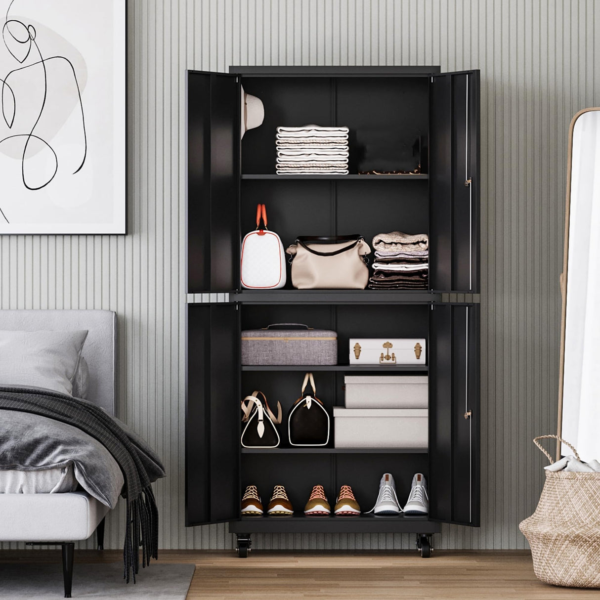 Letaya Metal Garage Storage Cabinet with Wheels,Steel Tool Rolling Cabinets with Lock Door and Adjustable Shelves fro Home Utility Organization Room(1PC-Black) Letaya