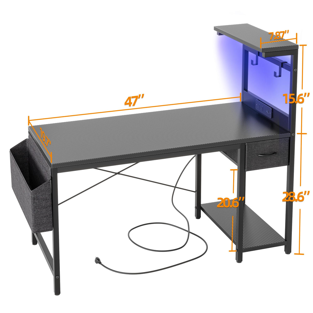 TIQLAB Gaming Desk 47 inch with Power Outlet and LED Light, Computer Desk with Reversible Shelves and Storage Drawer, Small PC Desk for Home Office Table with Bag, Carbon Fiber Black TIQLAB