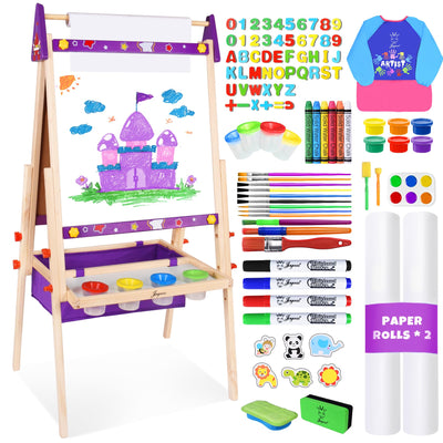 Joyooss Art Easel for Kids, Adjustable Standing Wooden Toddler Kids Easel Double Sided Drawing Board Whiteboard & Chalkboard Dry Easel Board, Art Easel for Kids Age 2-4 4-8 9-12 Painting Set