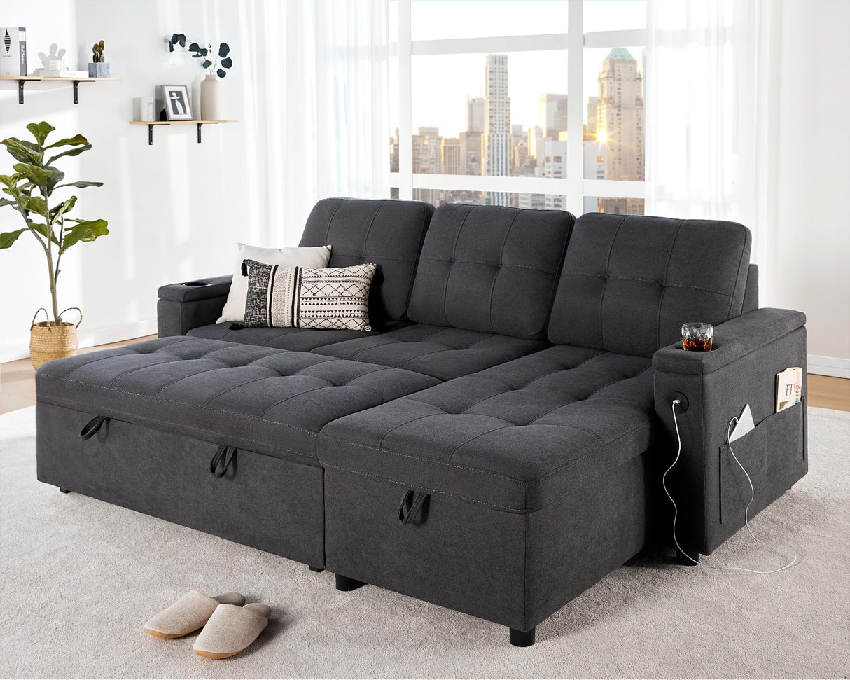 VanAcc Sofa Bed, Sleeper Sofa with USB Charging Ports, L-Shaped Couch with Storage, Pull Out Couch for Living Room, Grey Linen VanAcc