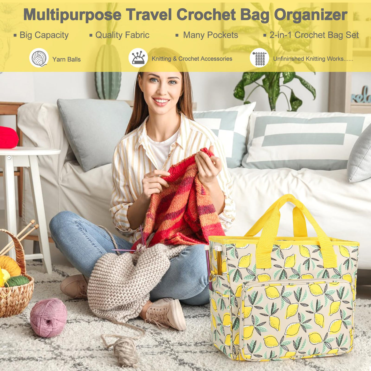 Katech Crochet Bag with Beginner Crochet Books, Large Capacity Yarn Storage Organizer Crochet Tote Bag for Carry Projects Crochet Supplies Knitting Accessories, Yarn Storage Bag with Shoulder Strap Katech