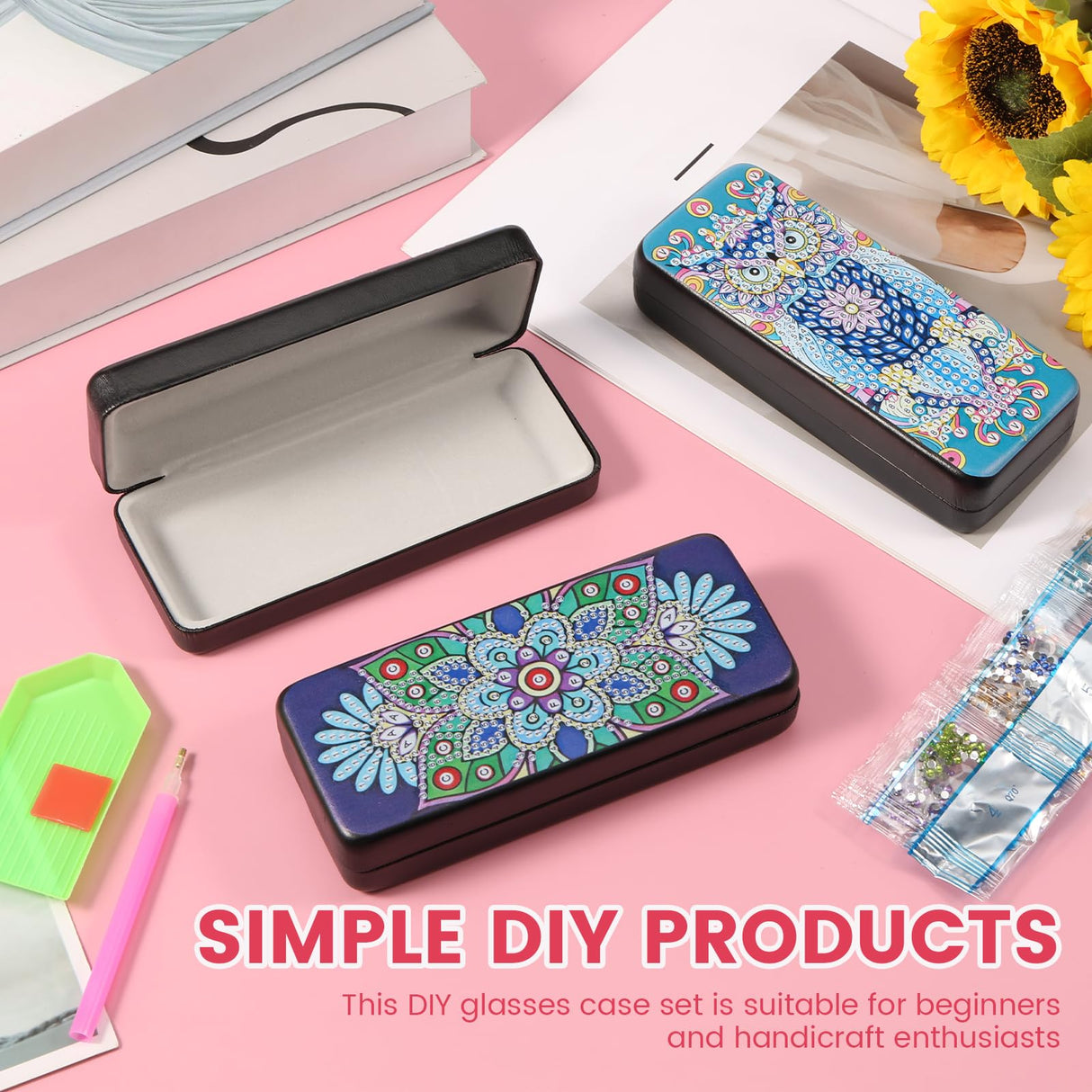 Tcwhniev 4Pcs PU Leather Diamond Art Kits Eyeglass Case, Unique DIY Diamond Sunglasses Case with Soft Lining, Gem Art Paint by Diamonds Dots for Beginner Craft Lover Women Tcwhniev