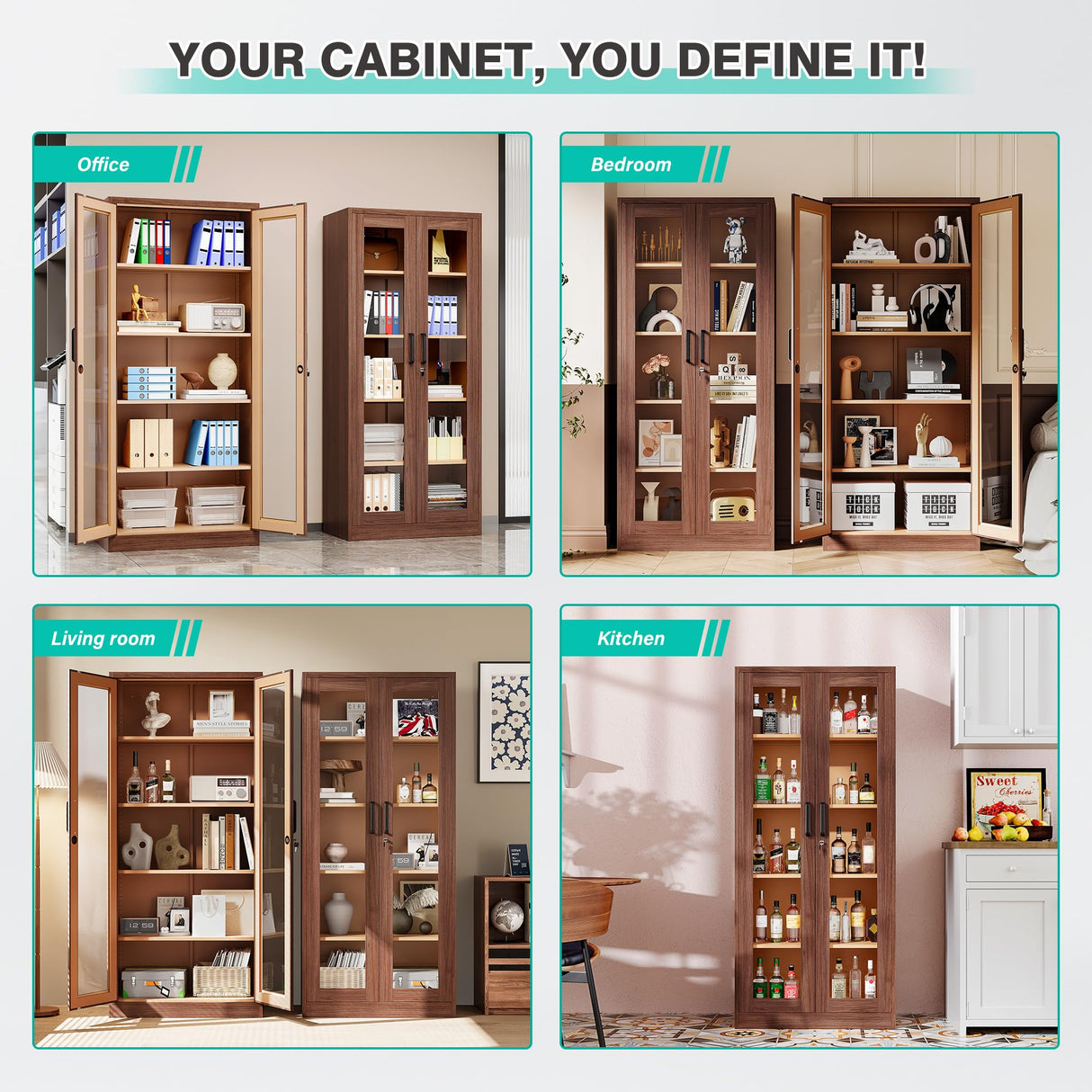 Metal Storage Cabinet with Lock and Glass Doors,Glass Display Cabinet,Tall Storage Cabinets,Locking Curio Cabinets with 5 Shelves for Collectibles,Home,Office,Living Room SISESOL