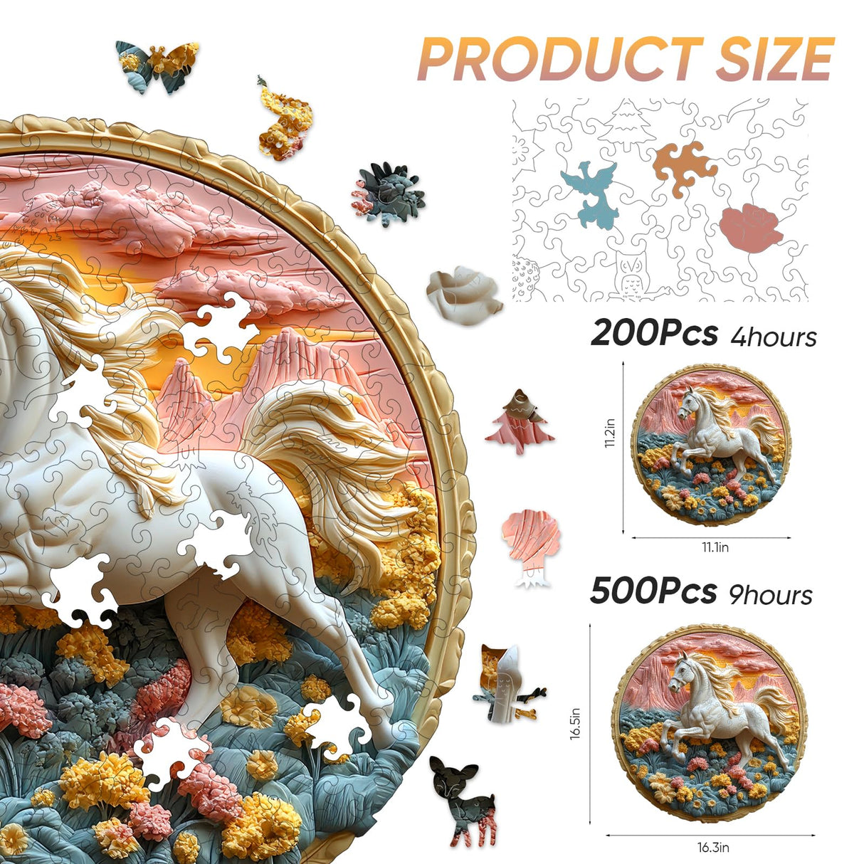 Wooden Puzzle for Adults 500 Piece - 3D Vision Effect Galloping White Horse Wooden Puzzle Unique Shape Advanced Wooden Jigsaw Puzzle, Wood Puzzles, Challenge Wooden Jigsaw Puzzle(16.3 x 16.5 in) Qiuenisray