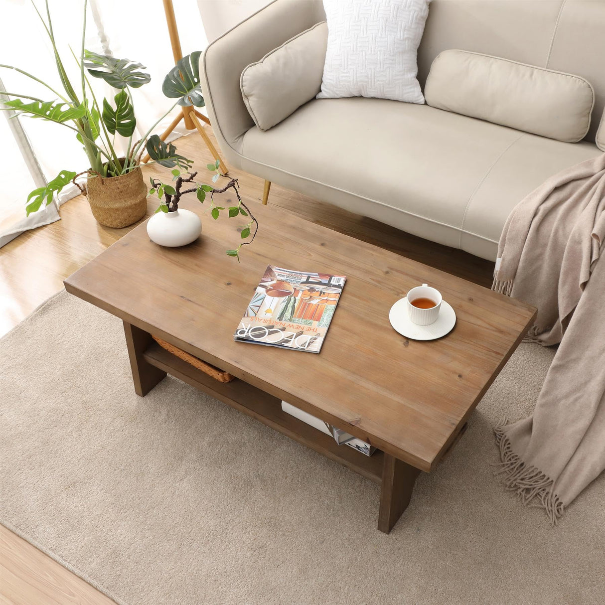 Farmhouse Wood Coffee Table - 43.4” Mid Century Modern Wooden Coffee Tables for Living Room, Solid Firwood Tabletop Rectangle Coffee Table, Center Table for Living Room, Brown HOKYHOKY