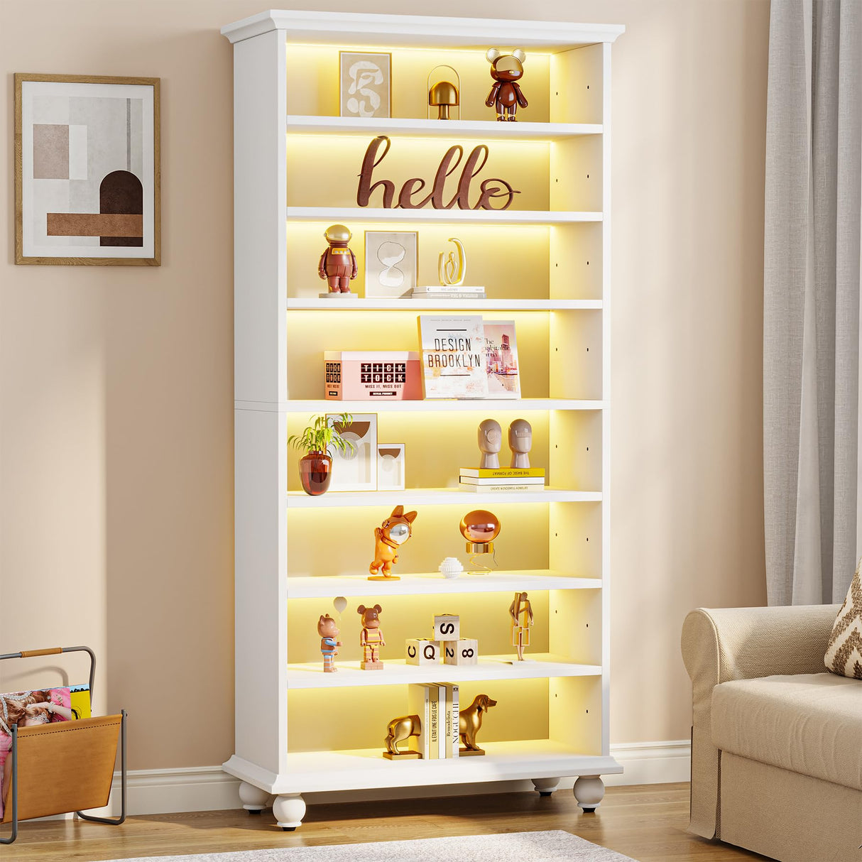 Tribesigns 69-Inch LED Bookcase with 9-Tiers and Solid Wood Legs in White Tribesigns