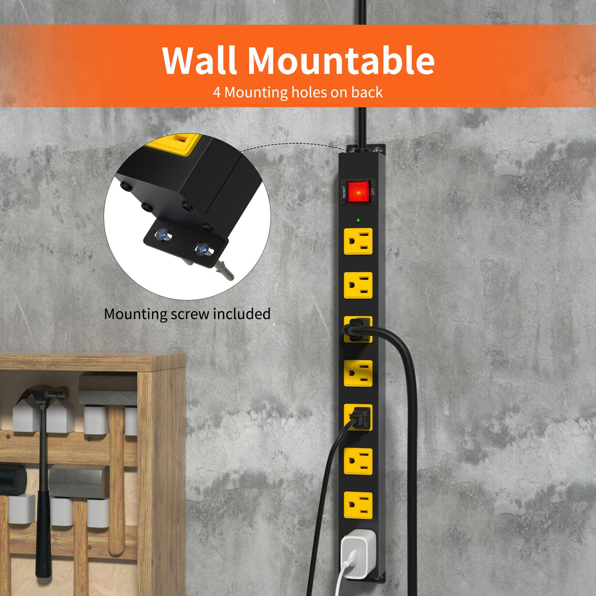 8 Outlet Long Power Strip, 2100J Surge Protector Heavy Duty 6FT Cord Wide Spaced and Wall Mount Metal Powerstrip for Home Office Garage Workshop Plug'n