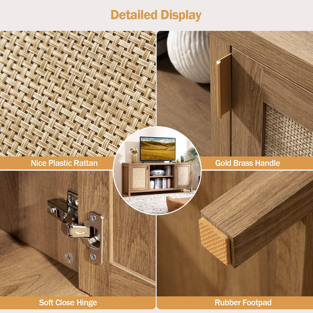 SICOTAS TV Stand for Living Room : Rattan TV Console Cabinet with Storage and Shelf, Boho Entertainment Center, 59" Media Console for 55, 65 Inch TV, 26" Tall Wood Television Stands, Oak SICOTAS