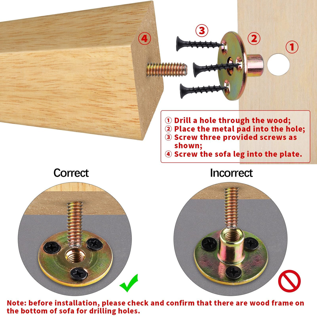 TURSTIN Set of 8 Furniture Legs 4 Inch Square Solid Wood Couch Legs Replacement Sofa Legs Mid Century Furniture Feet for Armchair Bed Dresser Cabinet Include Installation Hardware, Natural TURSTIN