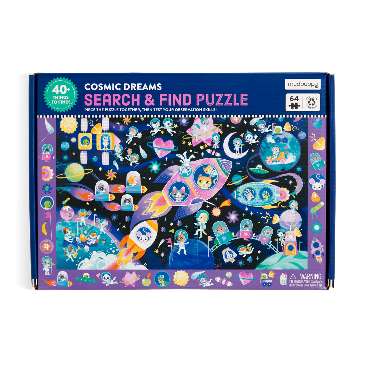 Mudpuppy Cosmic Dreams – 64 Piece Search & Find Jigsaw Puzzle Featuring Cats in A Whimsical Outer Space Wonderland and Over 40 Hidden Images to Find Mudpuppy