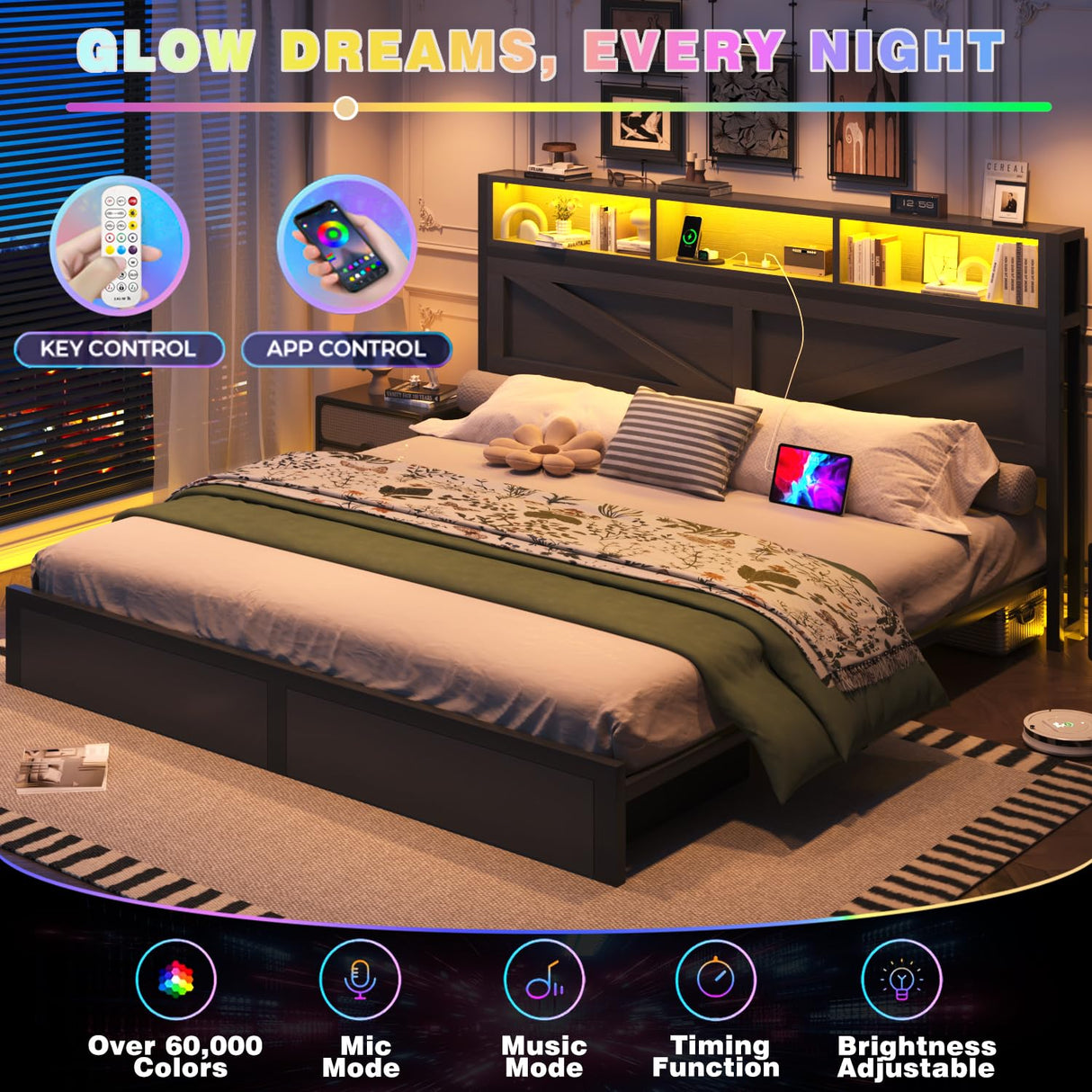 Incyneva Farmhouse King Bed Frame with Bookcase Storage Headboard, Charging Station, LED Light and 2 Storage Drawers, Noise Free, No Box Spring Needed, Black Incyneva