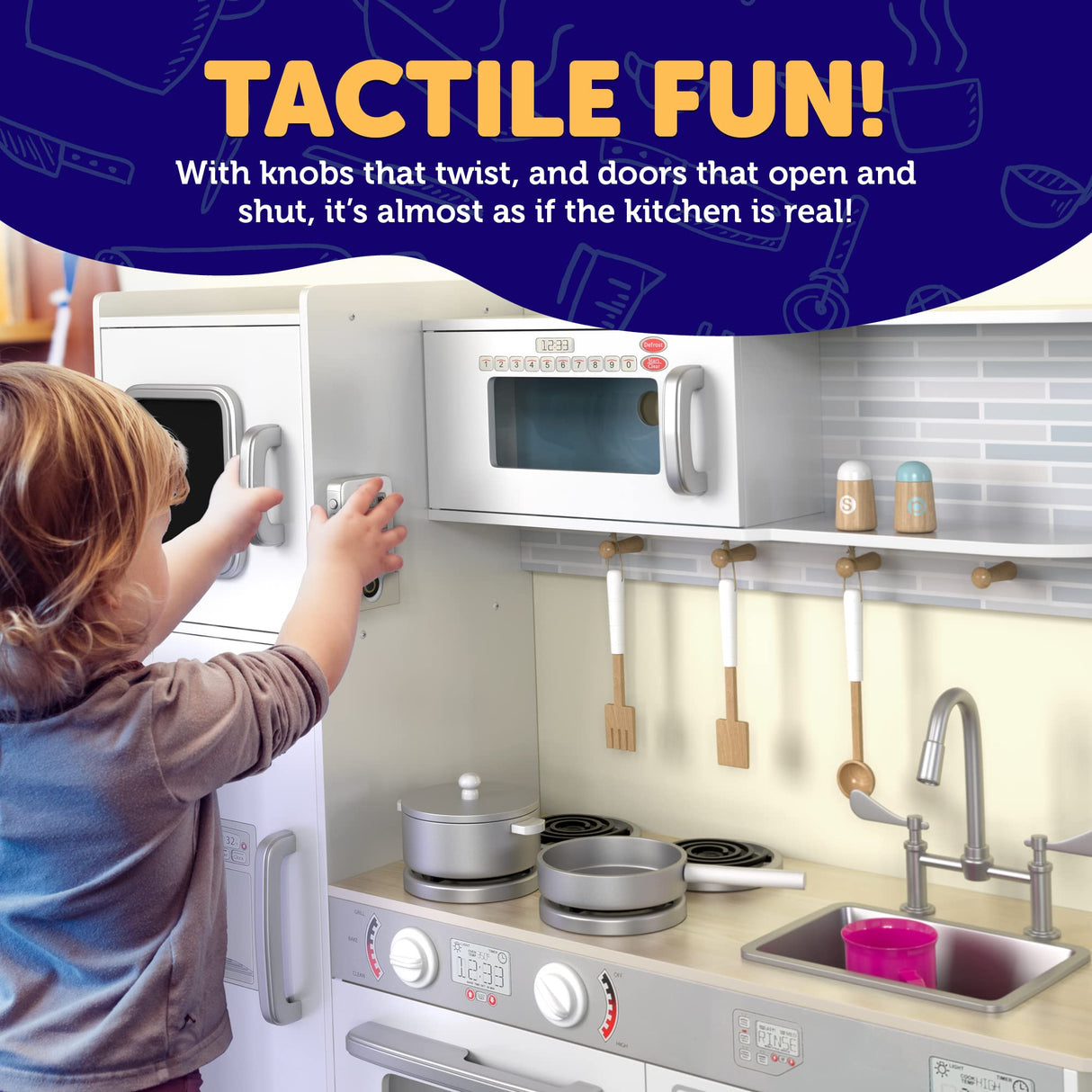 Play Kitchen - Wooden Kitchen Playset for Toddlers and Big Kids - Mini Pretend Toy for Boys and Girls with Cooking Stove, Oven, Pots, Pans, Phone, Microwave, Fridge, Sink, Utensils - Ages 3-8 KIDDERY TOYS