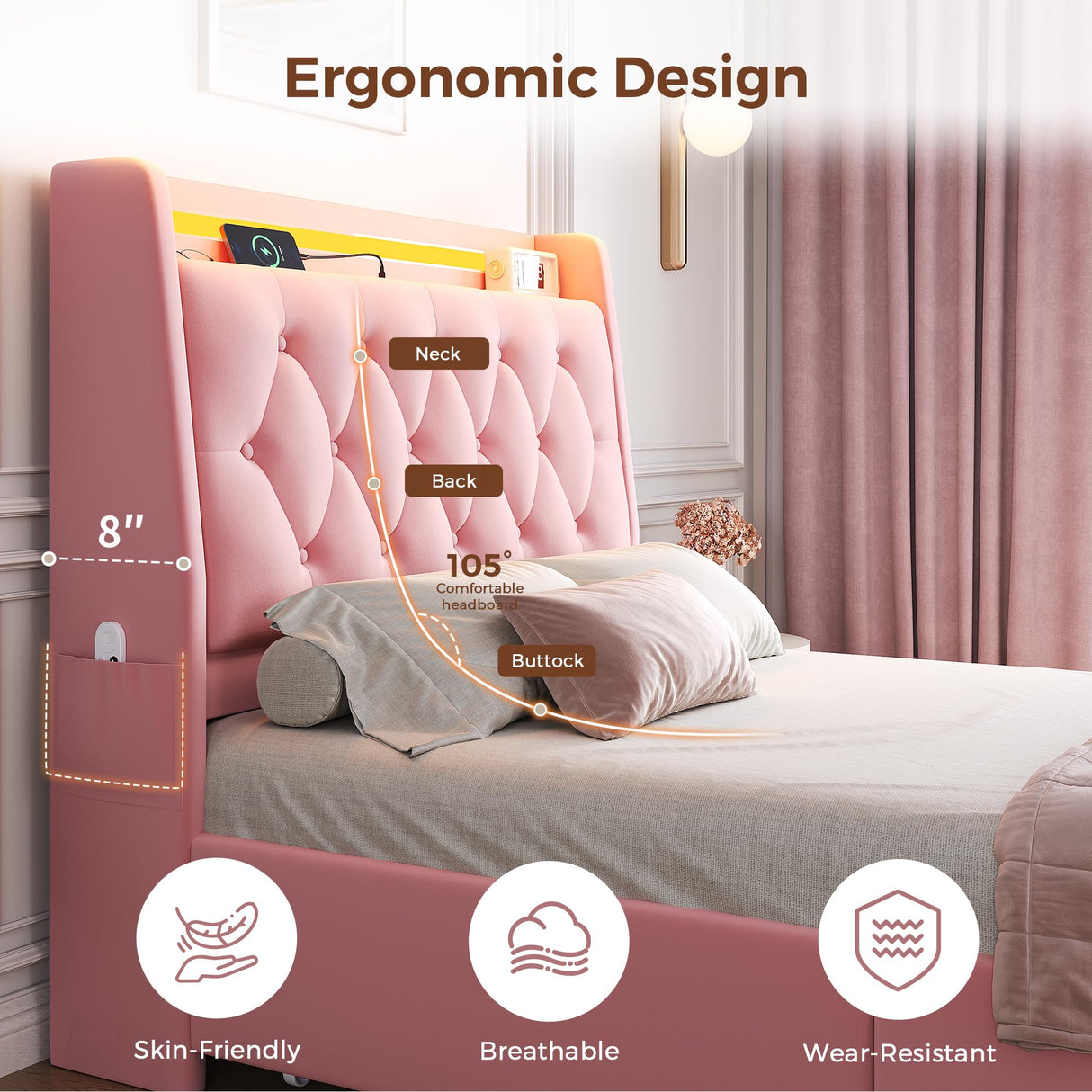 Twin LED Velvet Bed Frame with 2 Storage Drawers&Hidden Headboard, Upholstered Platform Bed with Charging Station&Button Tufted Design, Wooden Slats Support, Box Spring Optional, Easy Assembly, Pink Jocoevol