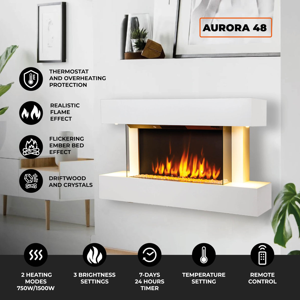 FIREBLAZE Aurora 48” 3-Sided Electric Fireplace with Wall Mount Floating White Mantel Surround 48 inch Wide, Wall Hanging or Freestanding, Heater, Remote Control, Timer and Overheating Protection FIREBLAZE Where Warmth Begins