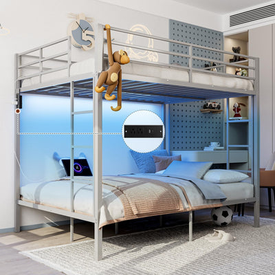 IKIFLY Full Over Full Bunk Beds with LED Lights and Charging Station, Heavy Duty Metal Full Size Bunk Bed Frame, Safety Guardrail & 2 Ladders, Space-Saving Design, No Box Spring Needed, Silver Grey