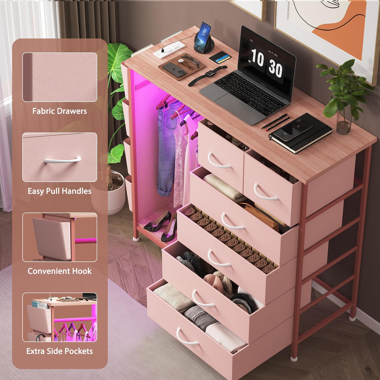 WODRAWER 6 Drawer Dresser for Bedroom with Clothes Rack, Clothes Dresser with Side Pockets and Hooks, Charging Station & LED Lights, Wooden Top, Fabric Storage (Pink) WODRAWER