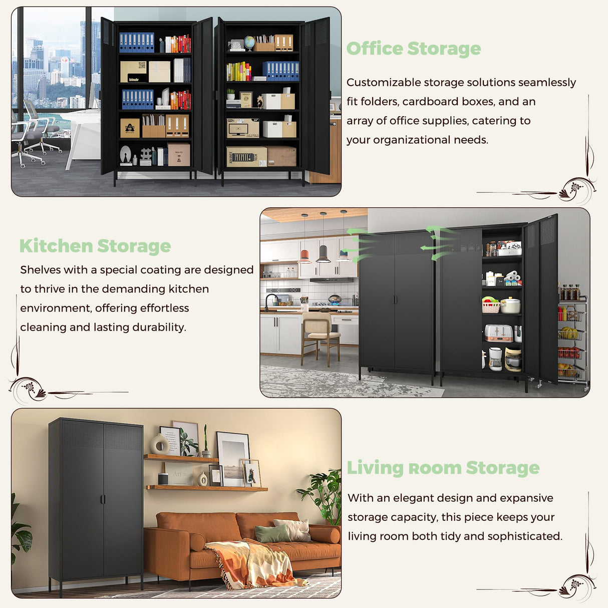 COFaR 5 Tier Black Metal Storage Cabinet, Free Standing with 2 Doors, 4 Adjustable Shelves and Legs, Cupboard Metal Cabinet for Living Room, Kitchen, Dining Room, Office COFaR