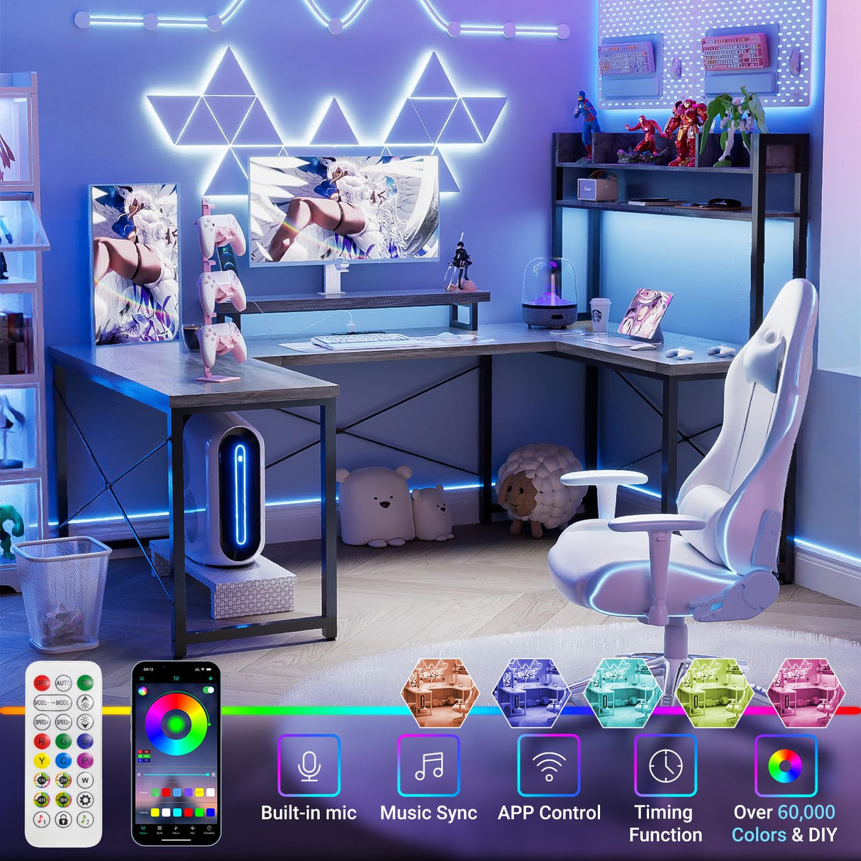 Unikito DIY U Shaped Computer Desk with Hutch, Reversible L Shaped Office Desk with Power Outlets and LED Strip, Customizable Large 98 Inch L Shape Gaming Corner Desk with Monitor Stand, Black Oak Unikito