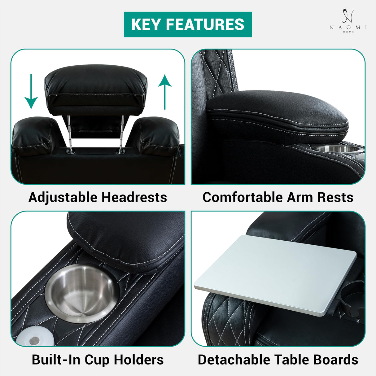 Naomi Home Chicago Sofa Black Air Leather – Premium 3-Seater Reclining Sofa with Console, Cup Holders, USB Ports, Pillow Top Armrests & Split Back Design – Modern Faux Leather Couch for Living Room Naomi Home