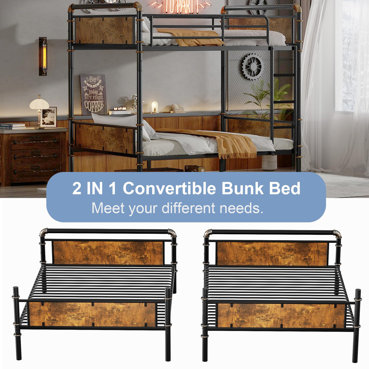 Twin XL over Twin XL Bunk Beds for Kids and Teens , Industrial Heavy-Duty 2 IN 1 Metal Convertible Bunk Bed with Ladder and Slats Support ,15.9" High Guard Rail,Space-Saving ,Noise Reduced,Black Mirightone