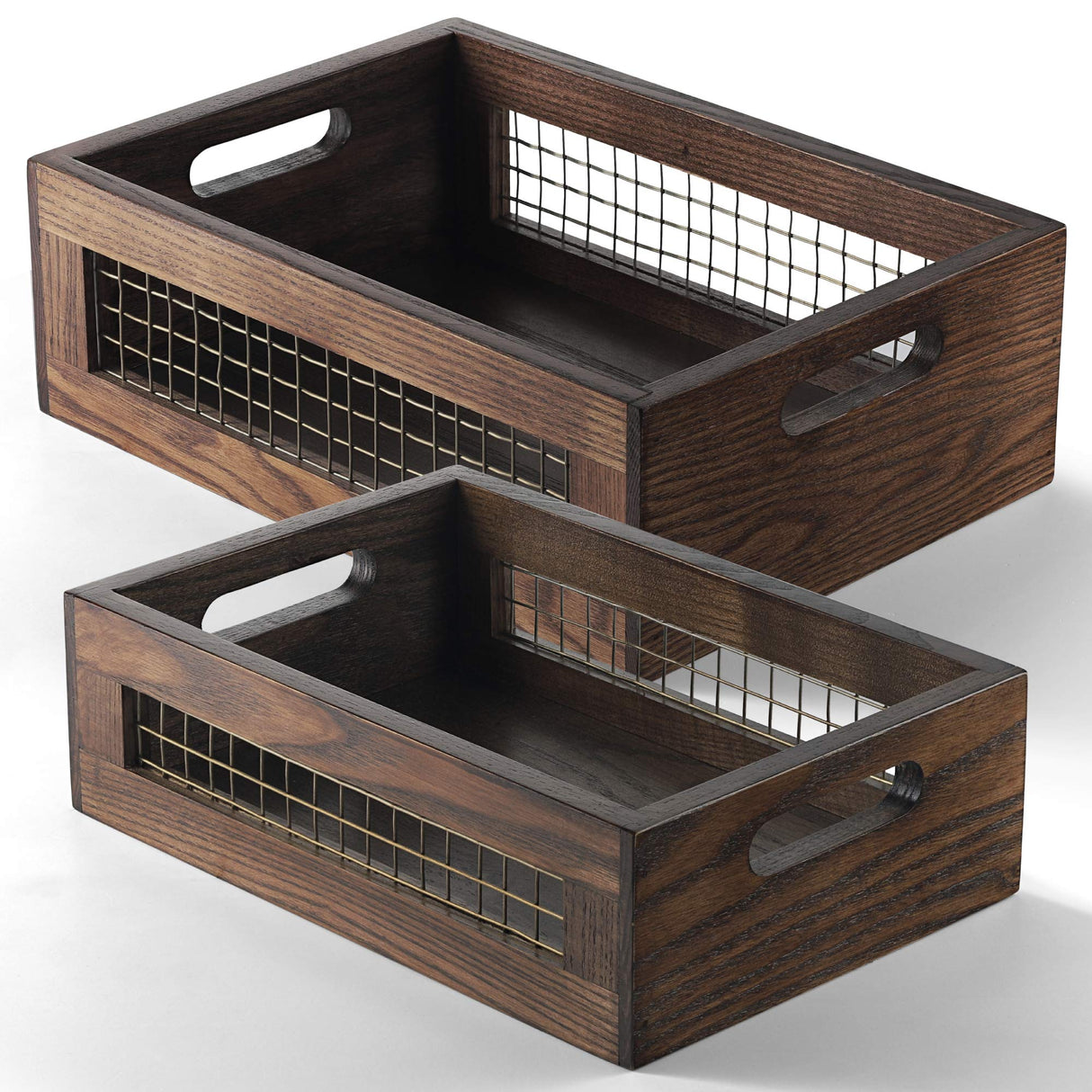 NAGAWOOD Wooden Countertop Baskets Set of 2 for Kitchen, Bathroom, Pantry|Wall Mount Upgrade with Full Accessories| Rustic Nesting Boxes|Wooden Organizer Crates for Fruit, Vegetables, Produce, Bread NAGAWOOD