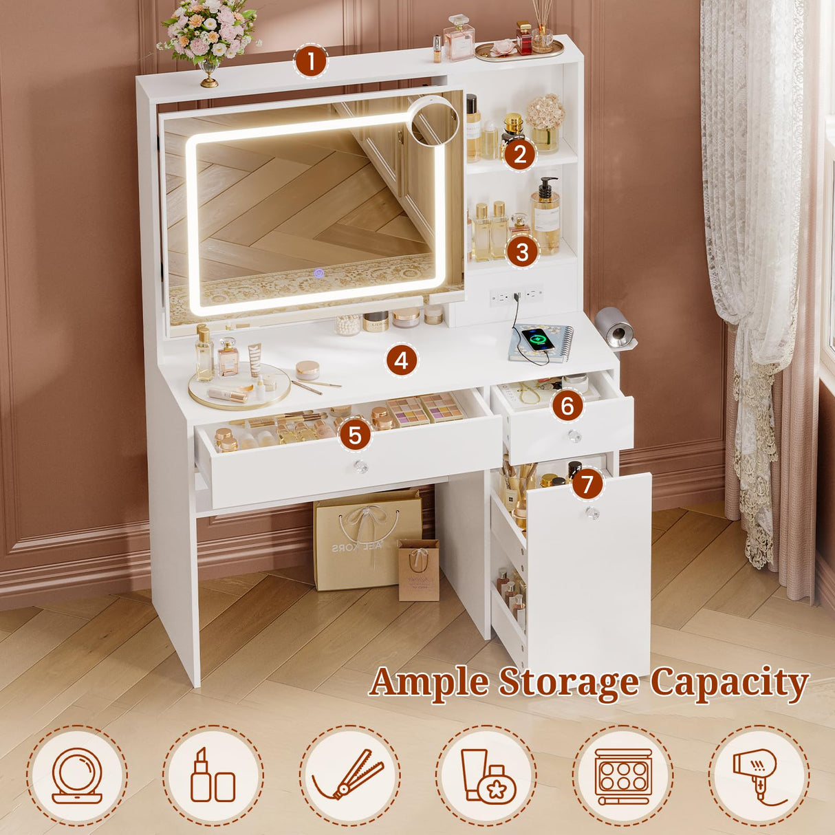 UPOSOJA Vanity Desk with Mirror and Lights,Power Outlet,3 Drawers,Pull-Out LED Mirror with 3 Light Modes,Brightness Adjustable,Rolling Makeup cart,Crystal Handles, hairdryer Rack,White UPOSOJA