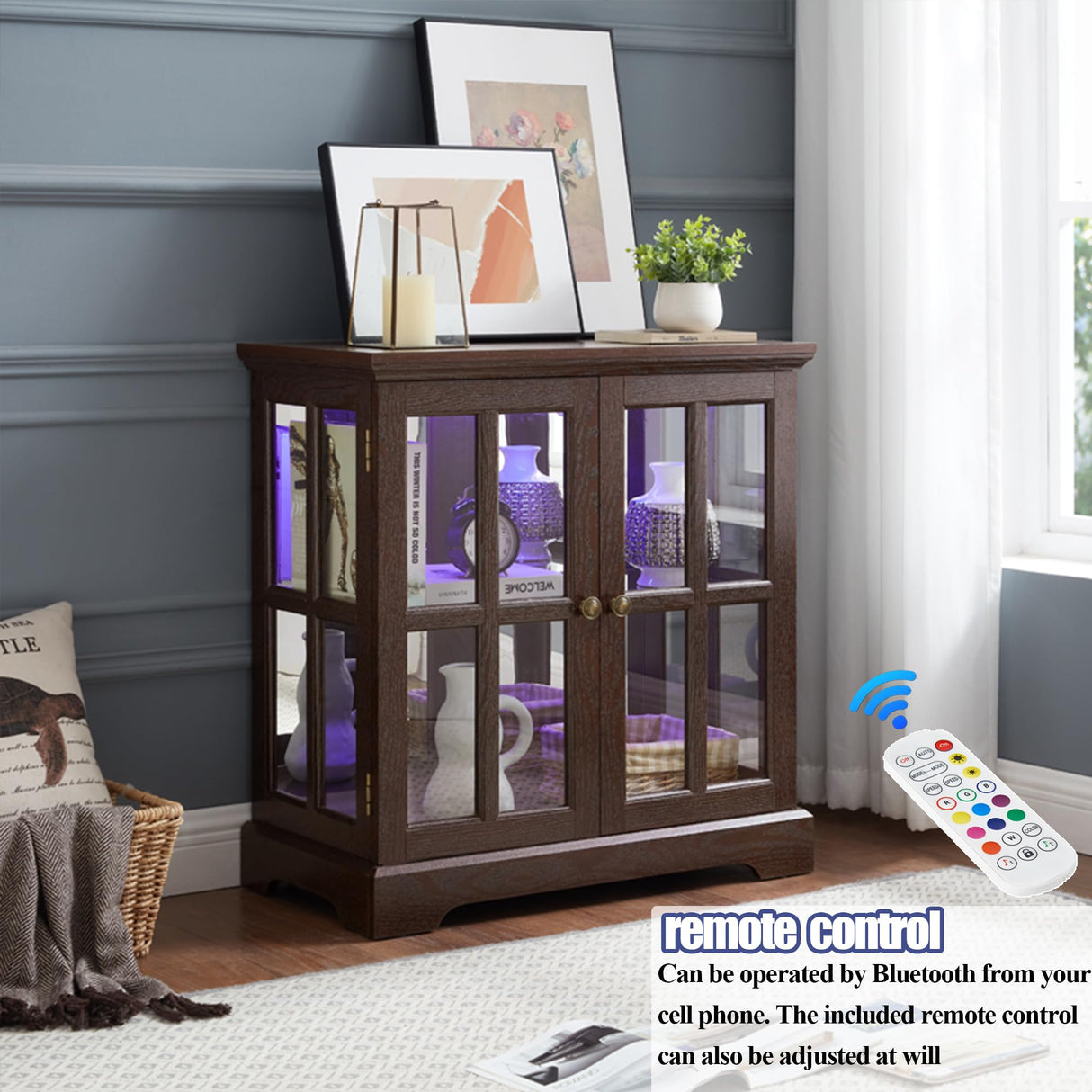 lunhung 2 Door Curio Display Cabinet with LED Light & Adjustable Shelves, 30" Tableware Display Sideboard w/Mirrored Back Pane, Modern Glass Display Storage Cabinet for Kitchen & Living Room (Cherry) lunhung