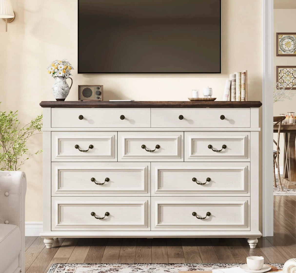 Jocoevol Cream Farmhouse Dresser for Bedroom, 9 Drawer Chest of Drawers, Tall Dressers for Bedroom Storage, Dresser for Closet, Dressers & Chests of Drawers (Cream, 53.5" Wide) Jocoevol