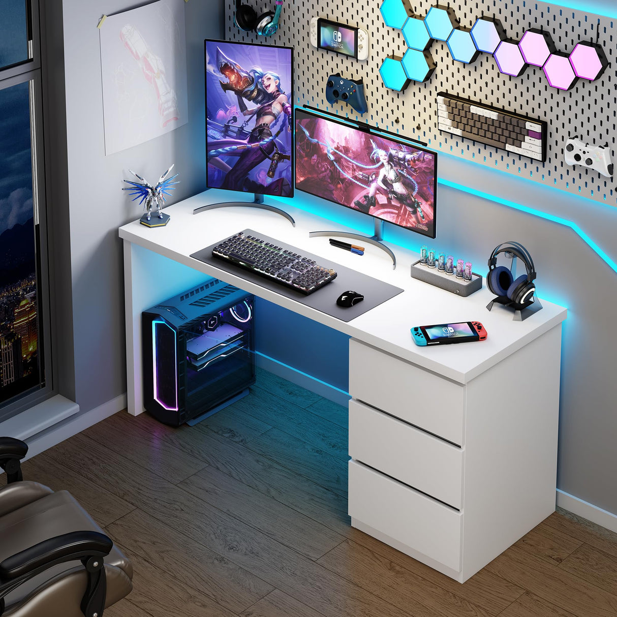 furtble White Desk with Drawers, 53'' W Home Office Computer Desk Gaming Table, Modern Vanity Desk with storage, Wood Writing Workstation for Bedroom, Living Room furtble