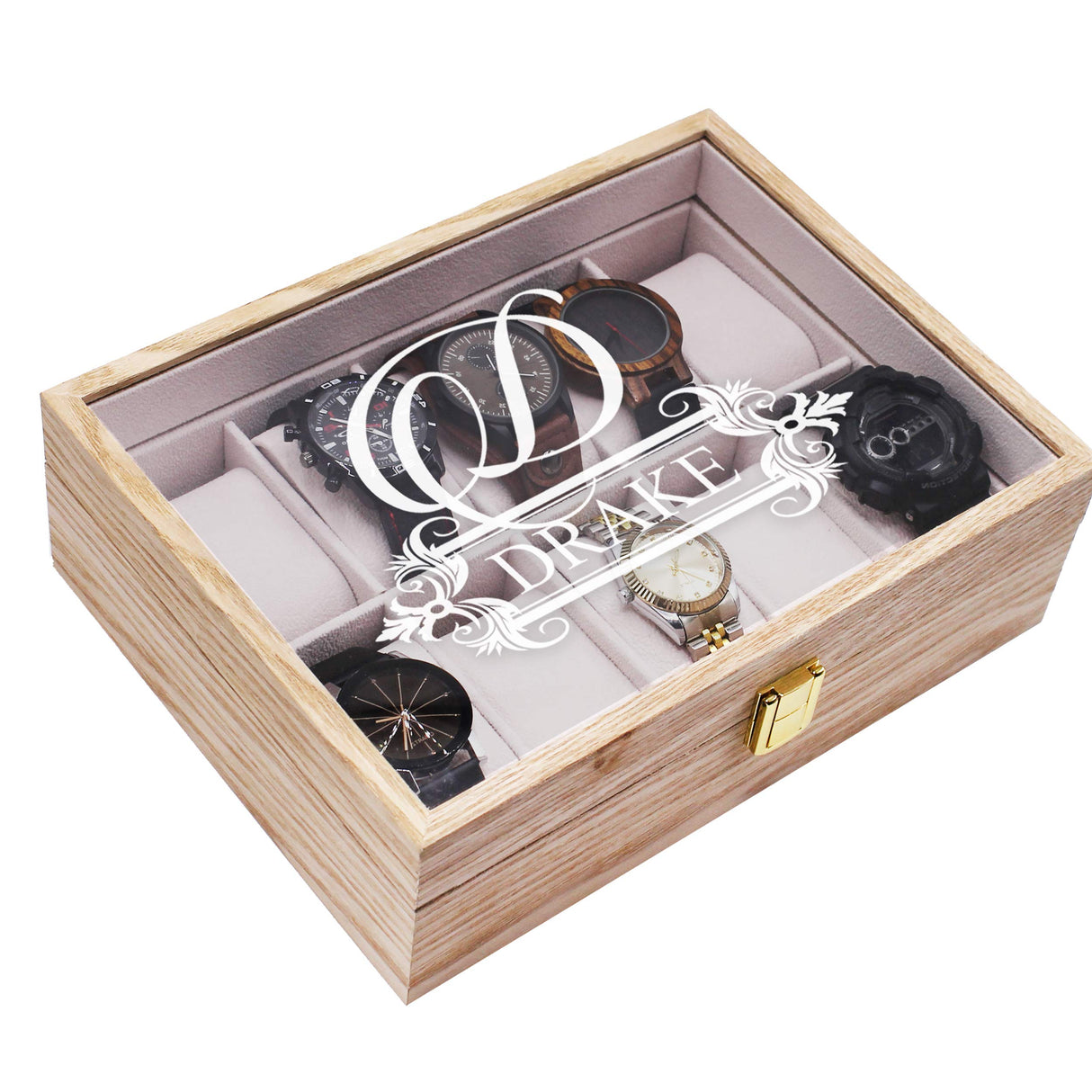 My Personal Memories Custom Personalized Watch Storage Box Glass Display Case for Men, Him, Husband - Engraved and Monogrammed (Distressed Wood) My Personal Memories
