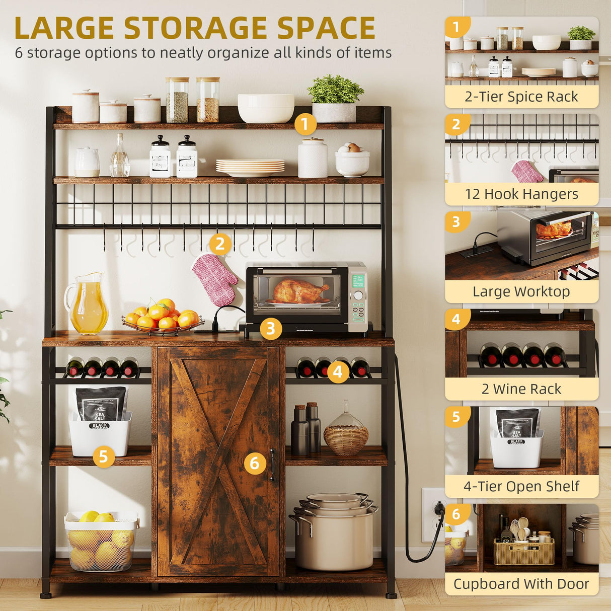 DWVO Bakers Rack Microwave Stand Cabinet with Large Storage Drawer and Power Outlet, 47 Inches Farmhouse Kitchen Tall Thickened Coffee Bar Table with Wine Shelf Rustic Brown DWVO