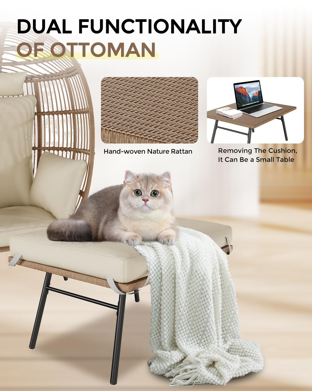 GarveeLife Oversize Wicker Egg Chair with Ottoman, Egg Basket Lounge Chair with Thick Cushion, Comfy Egg Rattan Seat for Indoor Outdoor Patio Porch Backyard, Beige GarveeLife