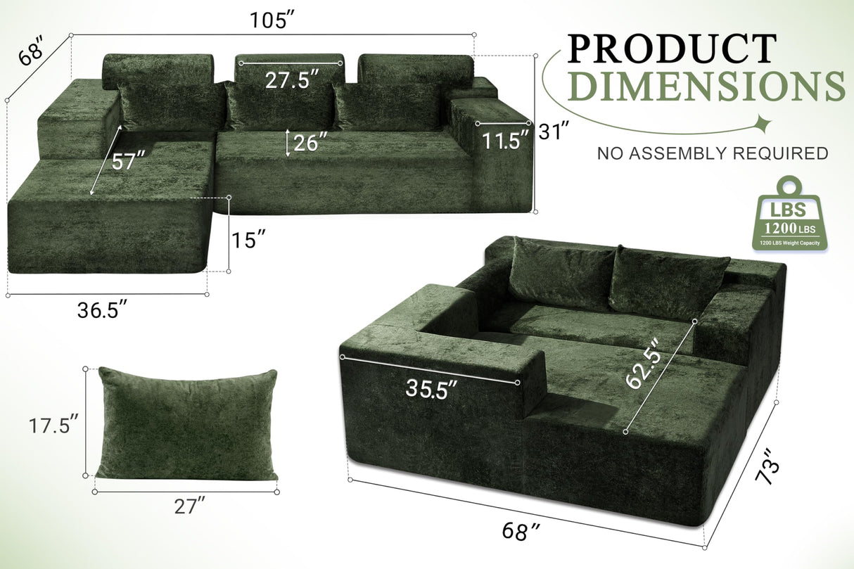 HABUTWAY 105" L-Shape Modular Sectional Sofa Couch for Living Room,No Assembly Required,Modular Comfy Sofa with Deep Seat for Living Room Bedroom,Luxury Distressed Velvet(Left,Green) HABUTWAY