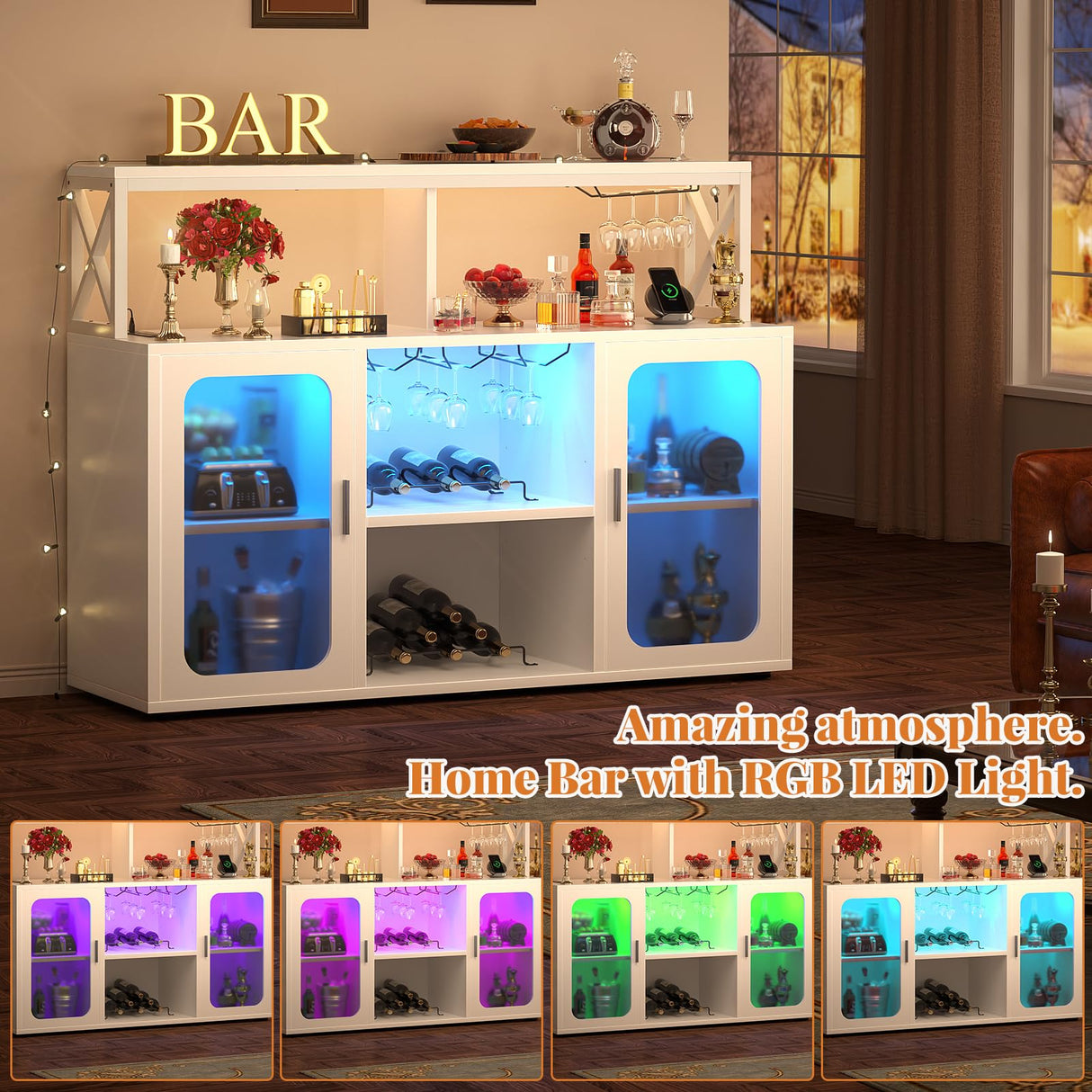 Aheaplus Bar Cabinet with Power Outlet, Liquor Cabinet with Led Lights and Glass Holders, Storage Buffet Cabinet Coffee Bar Cabinet for Liquor, Wine Cabinet with Racks for Home, Kitchen,-G2, White Aheaplus