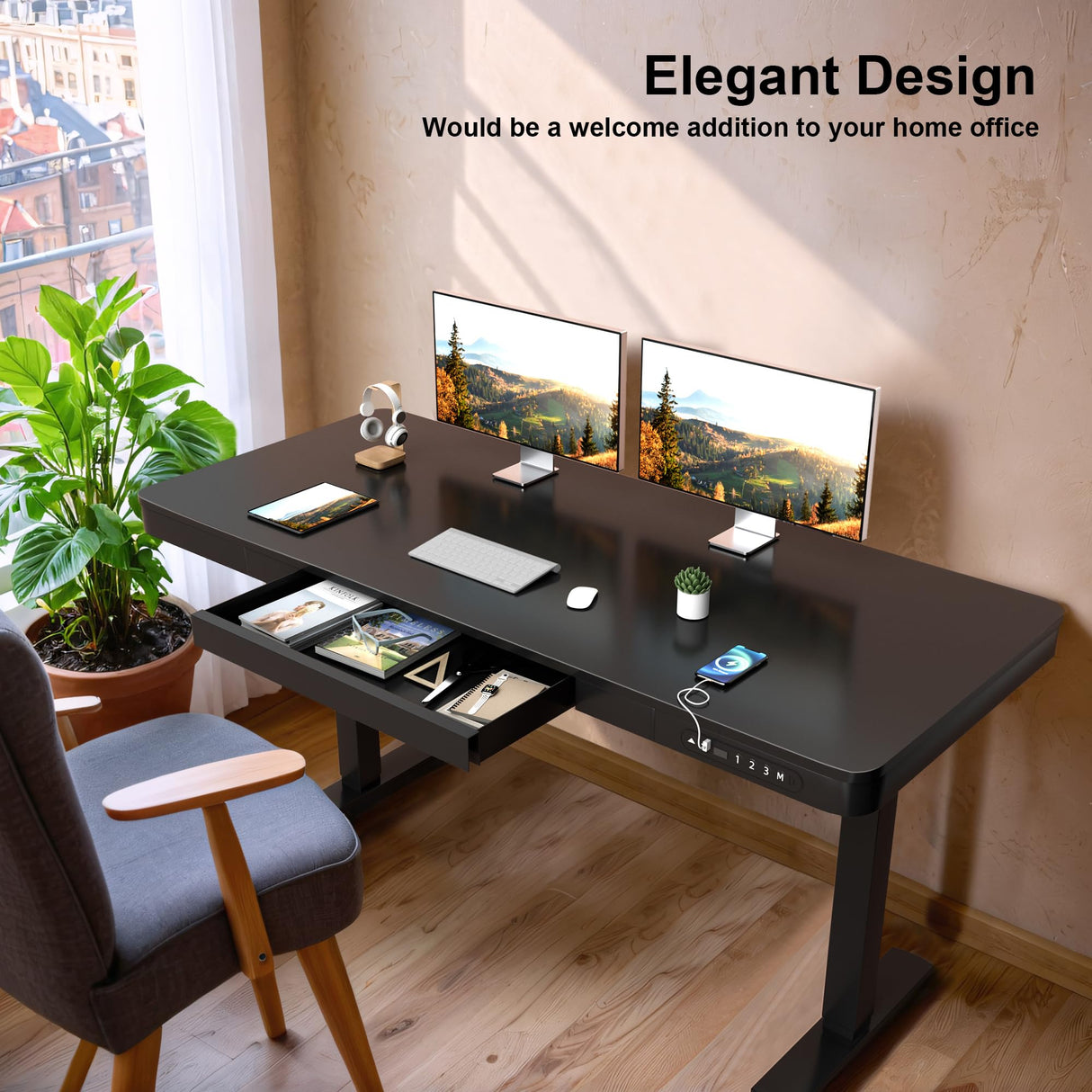 Furmax Electric Standing Desk with Drawer 55 x 24 Inch Adjustable Height Stand up Desk Home Office Computer Desk with USB Ports, Black Furmax